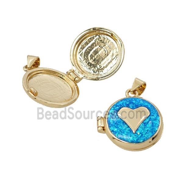 Copper Heart Locket Pendant Pave Blue FireOpal 18K Gold Plated