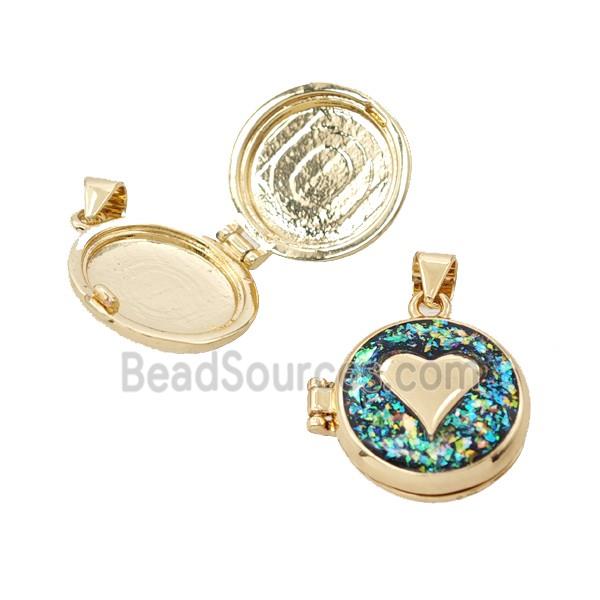 Copper Heart Locket Pendant Pave Green FireOpal 18K Gold Plated
