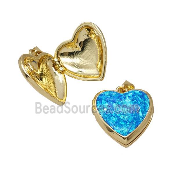 Copper Heart Locket Pendant Pave Blue FireOpal 18K Gold Plated