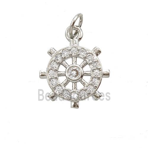 Copper Shipwheel Pendant Pave Zirconia Platinum Plated