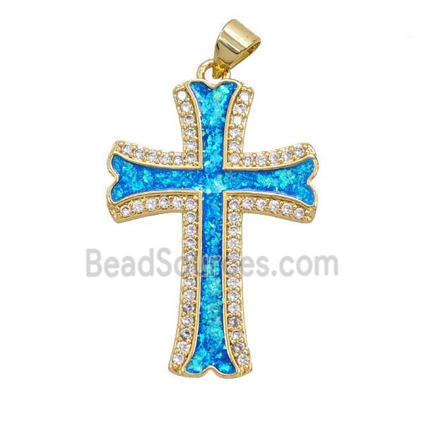 Copper Cross Pendant Pave Zirconia Blue FireOpal 18K Gold Plated