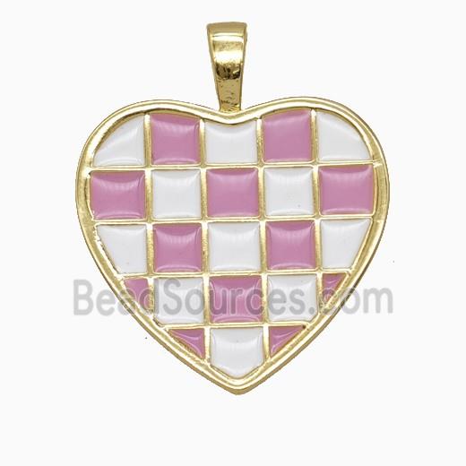 Copper Heart Pendant Pink White Enamel Checkerboard Grid Gold Plated