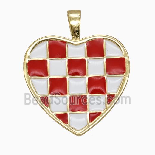 Copper Heart Pendant Red White Enamel Checkerboard Grid Gold Plated
