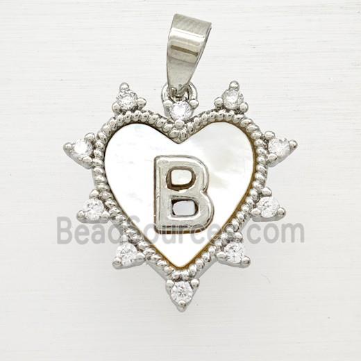 Copper Letter-B Heart Pendant Pave Zirconia Shell Platinum Plated