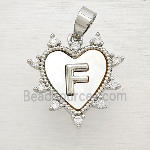 Copper Letter-F Heart Pendant Pave Zirconia Shell Platinum Plated