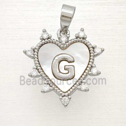 Copper Letter-G Heart Pendant Pave Zirconia Shell Platinum Plated