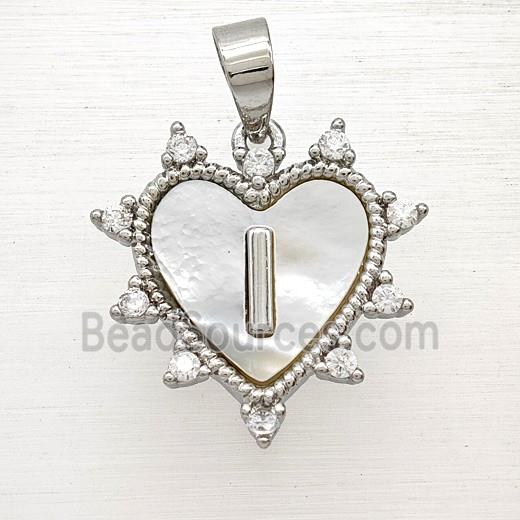 Copper Letter-I Heart Pendant Pave Zirconia Shell Platinum Plated