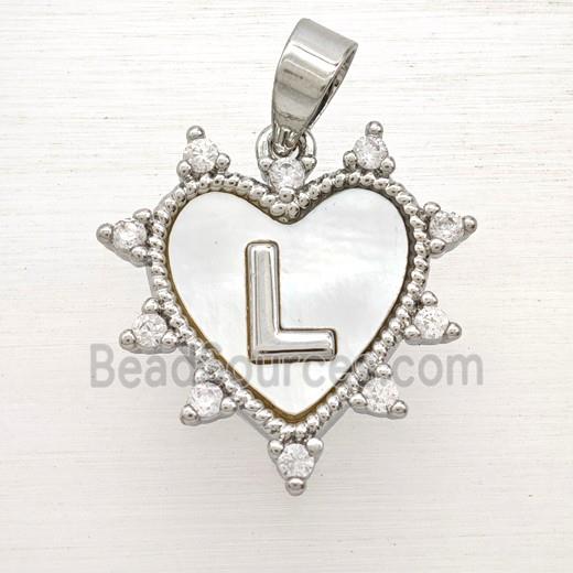 Copper Letter-L Heart Pendant Pave Zirconia Shell Platinum Plated