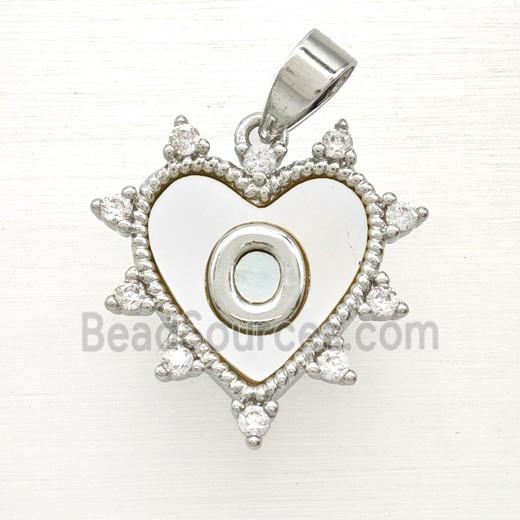 Copper Letter-O Heart Pendant Pave Zirconia Shell Platinum Plated