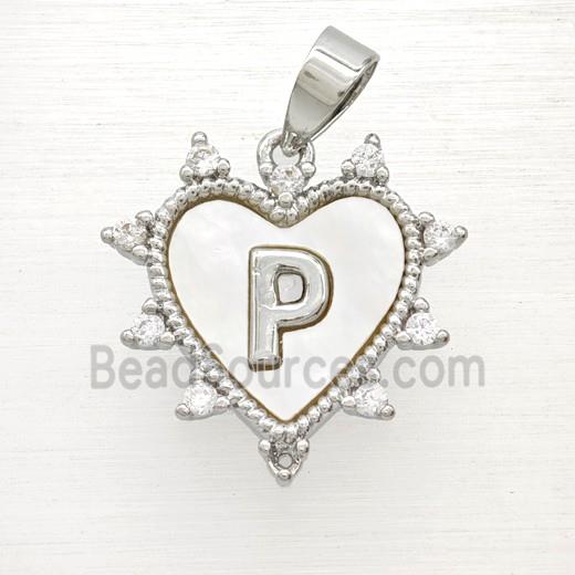 Copper Letter-P Heart Pendant Pave Zirconia Shell Platinum Plated