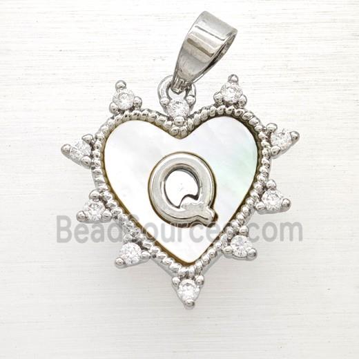 Copper Letter-Q Heart Pendant Pave Zirconia Shell Platinum Plated