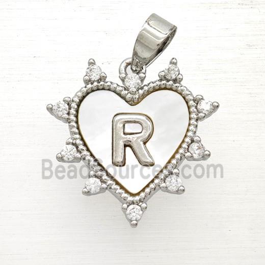 Copper Letter-R Heart Pendant Pave Zirconia Shell Platinum Plated