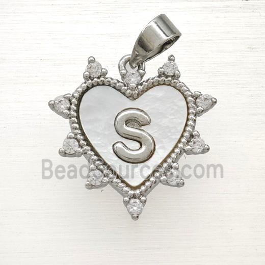 Copper Letter-S Heart Pendant Pave Zirconia Shell Platinum Plated