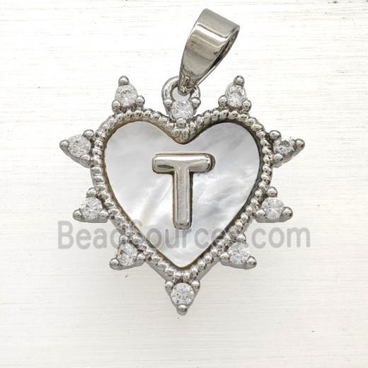Copper Letter-T Heart Pendant Pave Zirconia Shell Platinum Plated