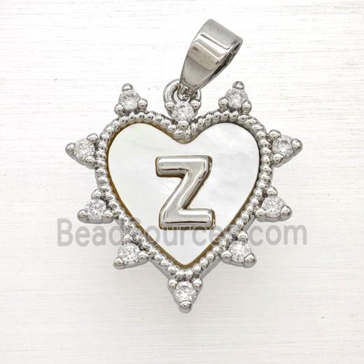 Copper Letter-Z Heart Pendant Pave Zirconia Shell Platinum Plated