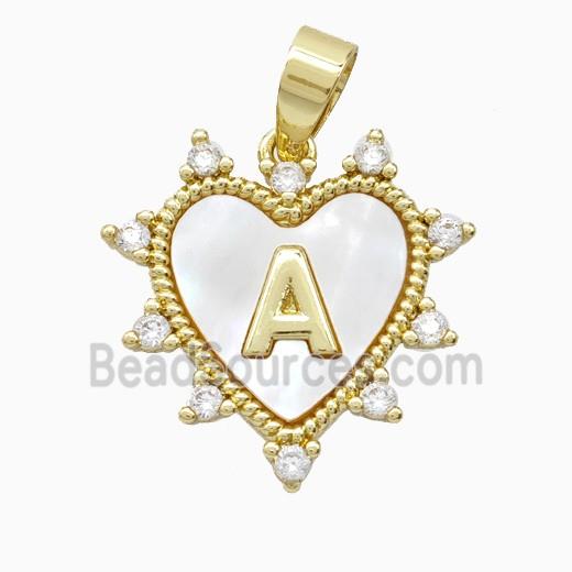 Copper Letter-A Heart Pendant Pave Zirconia Shell Gold Plated