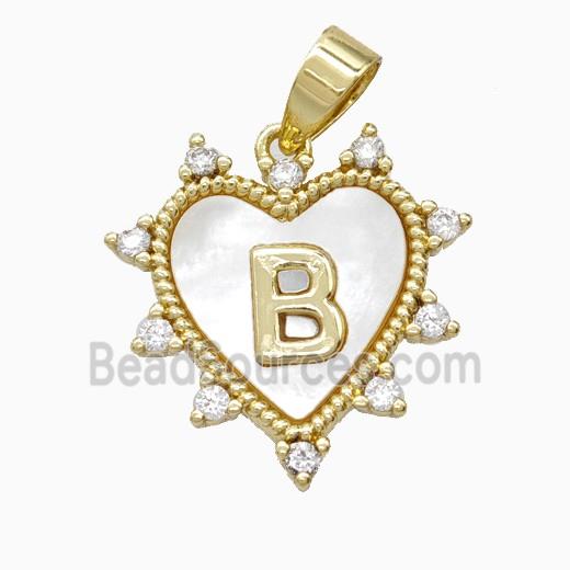 Copper Letter-B Heart Pendant Pave Zirconia Shell Gold Plated
