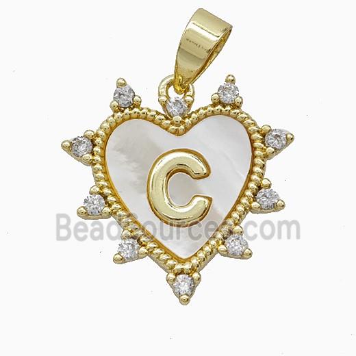 Copper Letter-C Heart Pendant Pave Zirconia Shell Gold Plated