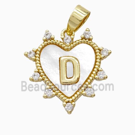 Copper Letter-D Heart Pendant Pave Zirconia Shell Gold Plated