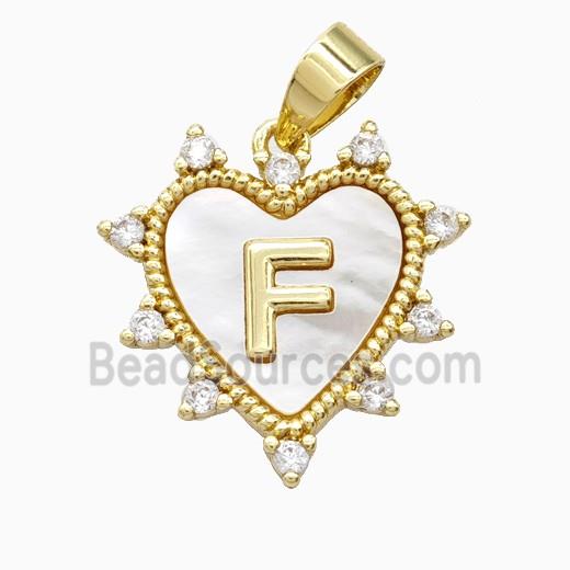 Copper Letter-F Heart Pendant Pave Zirconia Shell Gold Plated