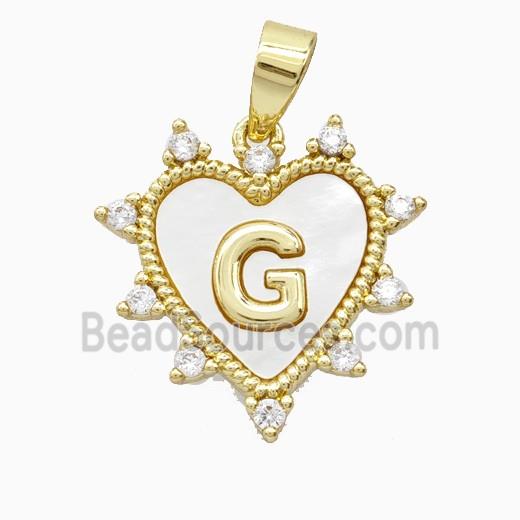 Copper Letter-G Heart Pendant Pave Zirconia Shell Gold Plated