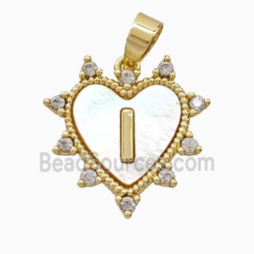Copper Letter-I Heart Pendant Pave Zirconia Shell Gold Plated