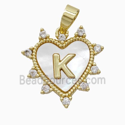 Copper Letter-K Heart Pendant Pave Zirconia Shell Gold Plated