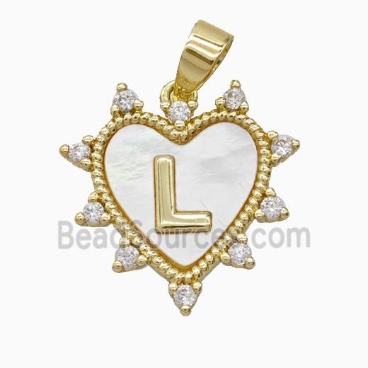 Copper Letter-L Heart Pendant Pave Zirconia Shell Gold Plated