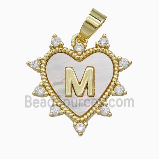Copper Letter-M Heart Pendant Pave Zirconia Shell Gold Plated