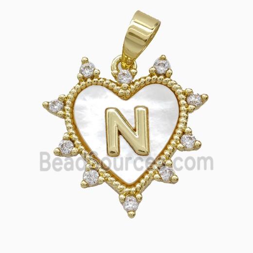 Copper Letter-N Heart Pendant Pave Zirconia Shell Gold Plated