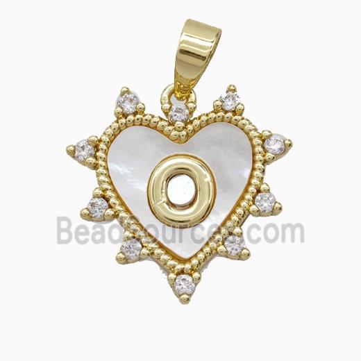 Copper Letter-O Heart Pendant Pave Zirconia Shell Gold Plated