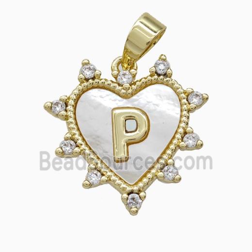 Copper Letter-P Heart Pendant Pave Zirconia Shell Gold Plated