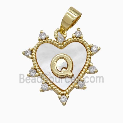 Copper Letter-Q Heart Pendant Pave Zirconia Shell Gold Plated