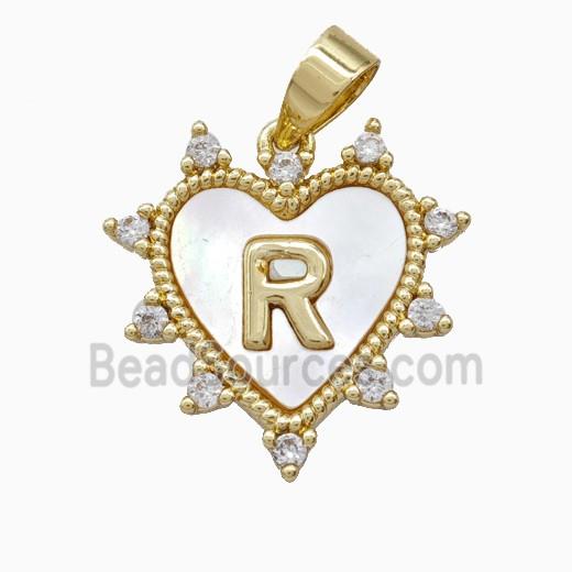Copper Letter-R Heart Pendant Pave Zirconia Shell Gold Plated