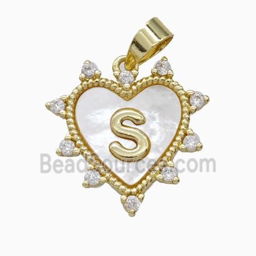 Copper Letter-S Heart Pendant Pave Zirconia Shell Gold Plated