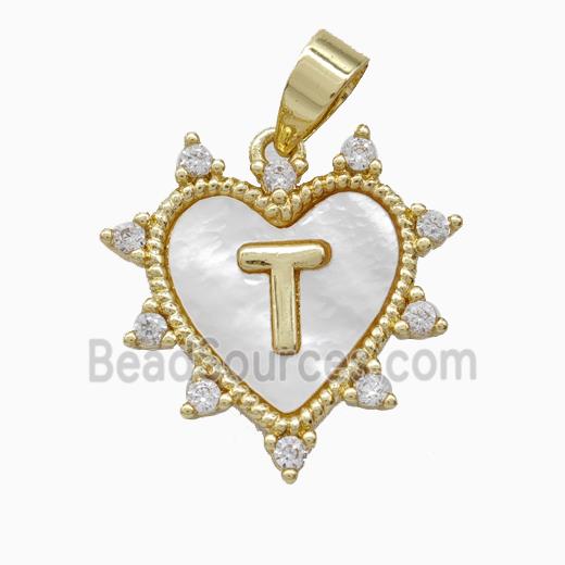 Copper Letter-T Heart Pendant Pave Zirconia Shell Gold Plated