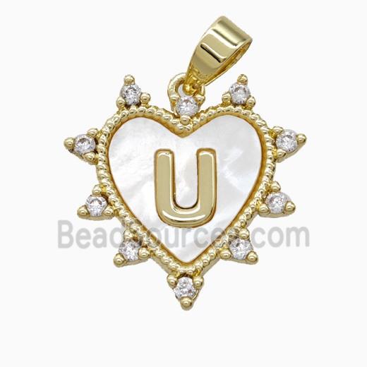 Copper Letter-U Heart Pendant Pave Zirconia Shell Gold Plated