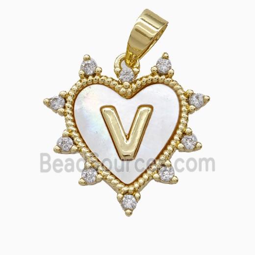 Copper Letter-V Heart Pendant Pave Zirconia Shell Gold Plated