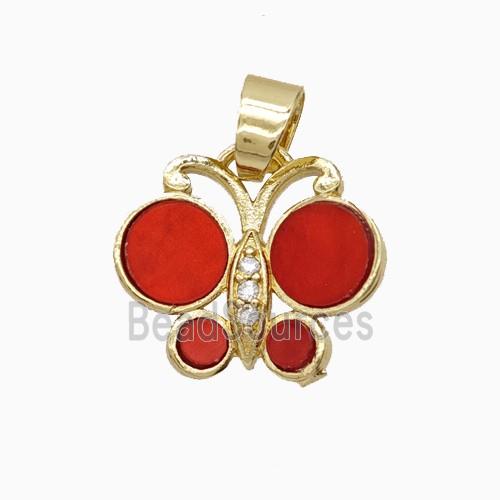 Copper Butterfly Pendant Pave Black Red Shell Gold Plated