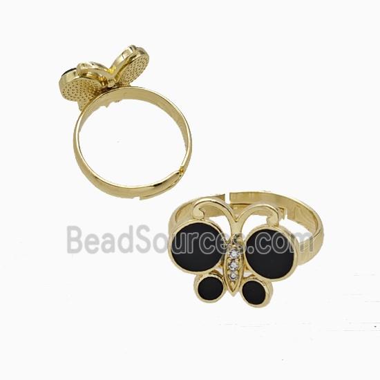 Copper Butterfly Ring Pave Black Shell Adjustable Gold Plated