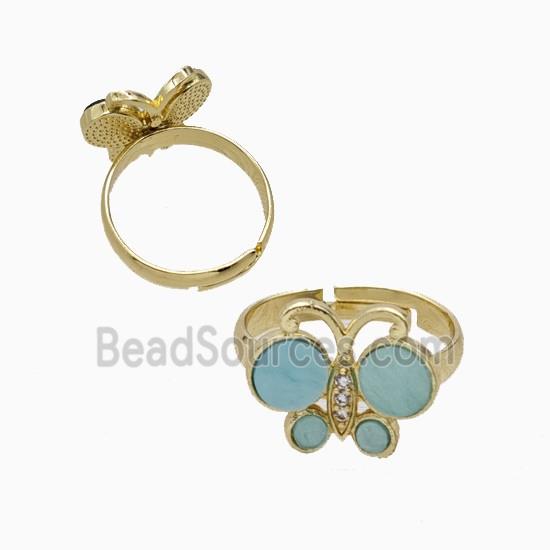 Copper Butterfly Ring Pave Teal Shell Adjustable Gold Plated
