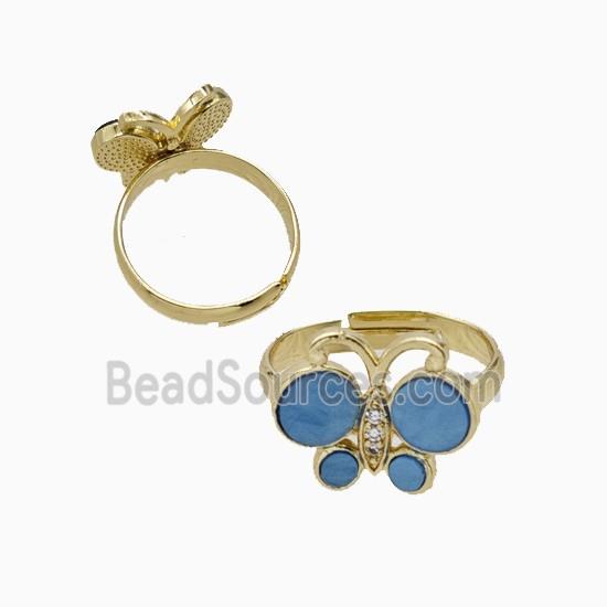 Copper Butterfly Ring Pave Blue Shell Adjustable Gold Plated