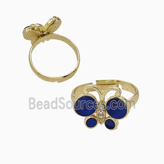 Copper Butterfly Ring Pave Royalblue Shell Adjustable Gold Plated