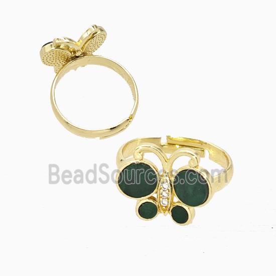 Copper Butterfly Ring Pave Green Shell Adjustable Gold Plated