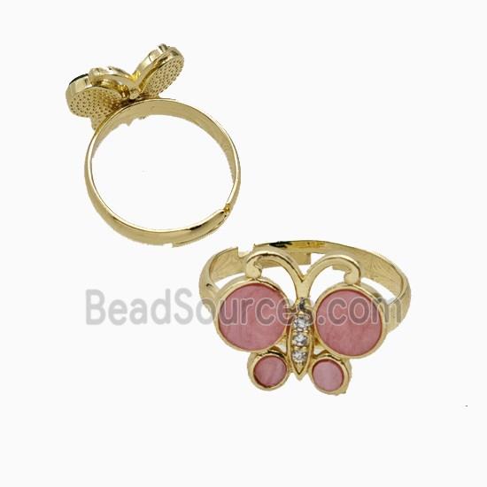 Copper Butterfly Ring Pave Pink Shell Adjustable Gold Plated