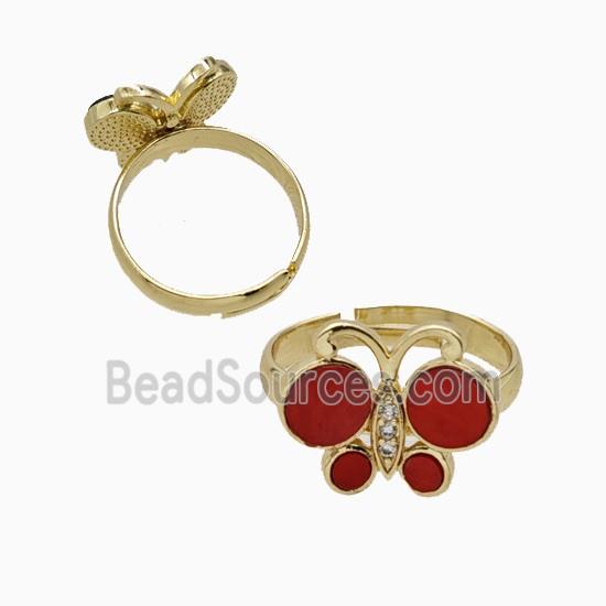 Copper Butterfly Ring Pave Red Shell Adjustable Gold Plated