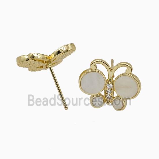 Copper Butterfly Stud Earrings Pave White Shell Gold Plated