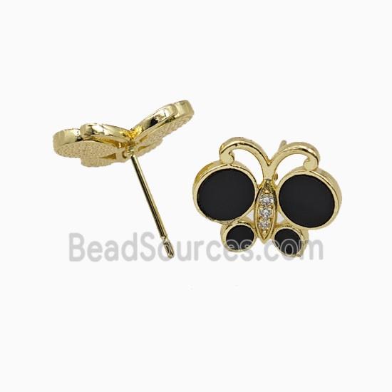 Copper Butterfly Stud Earrings Pave Black Shell Gold Plated