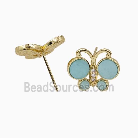 Copper Butterfly Stud Earrings Pave Teal Shell Gold Plated