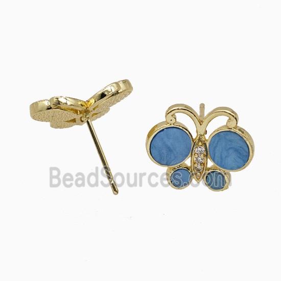 Copper Butterfly Stud Earrings Pave Blue Shell Gold Plated